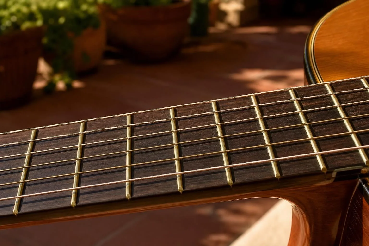Guitarra apoyada en una silla de madera junto a la ventana