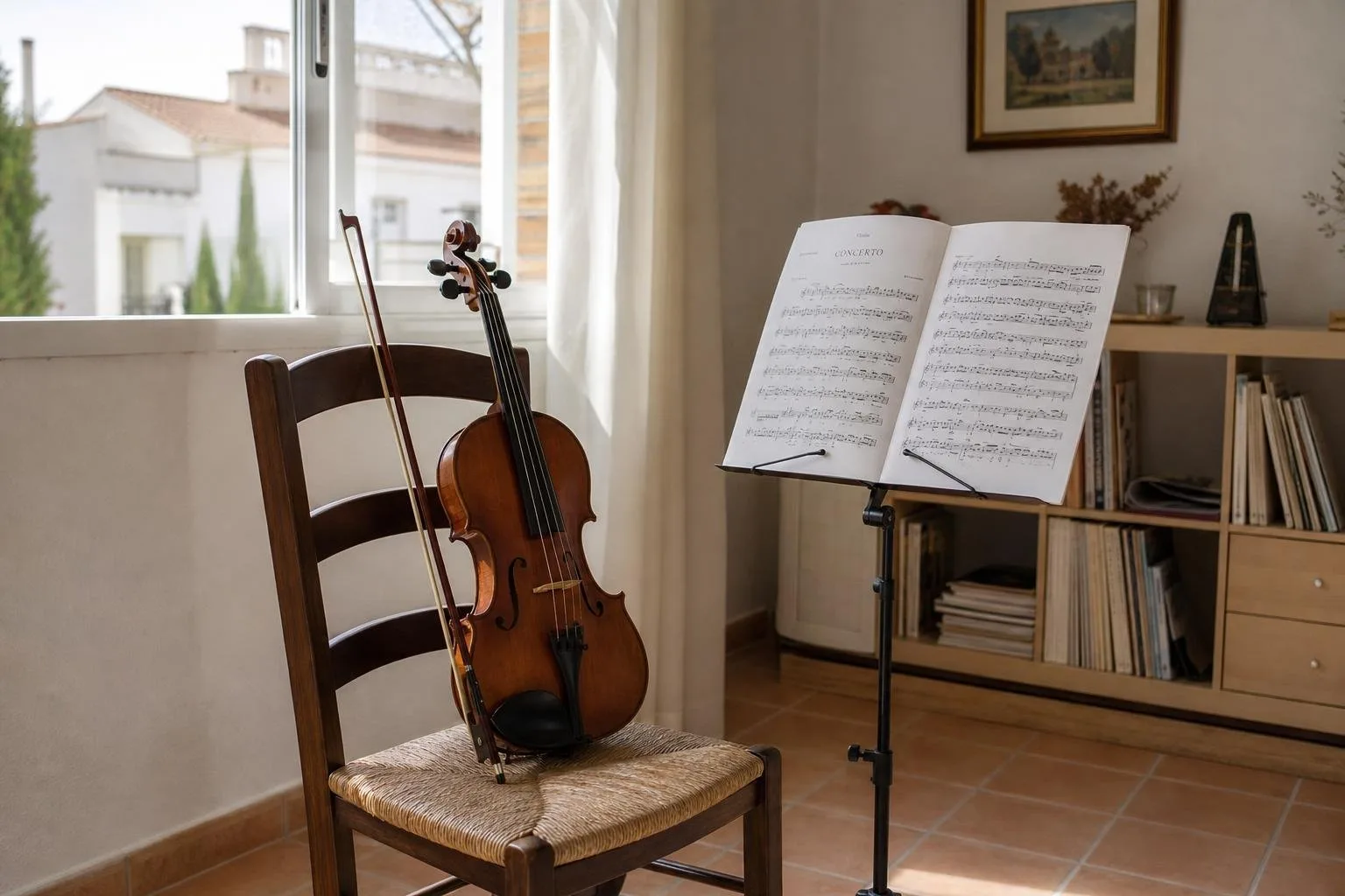 Violín y arco sobre una mesa de madera junto a una ventana