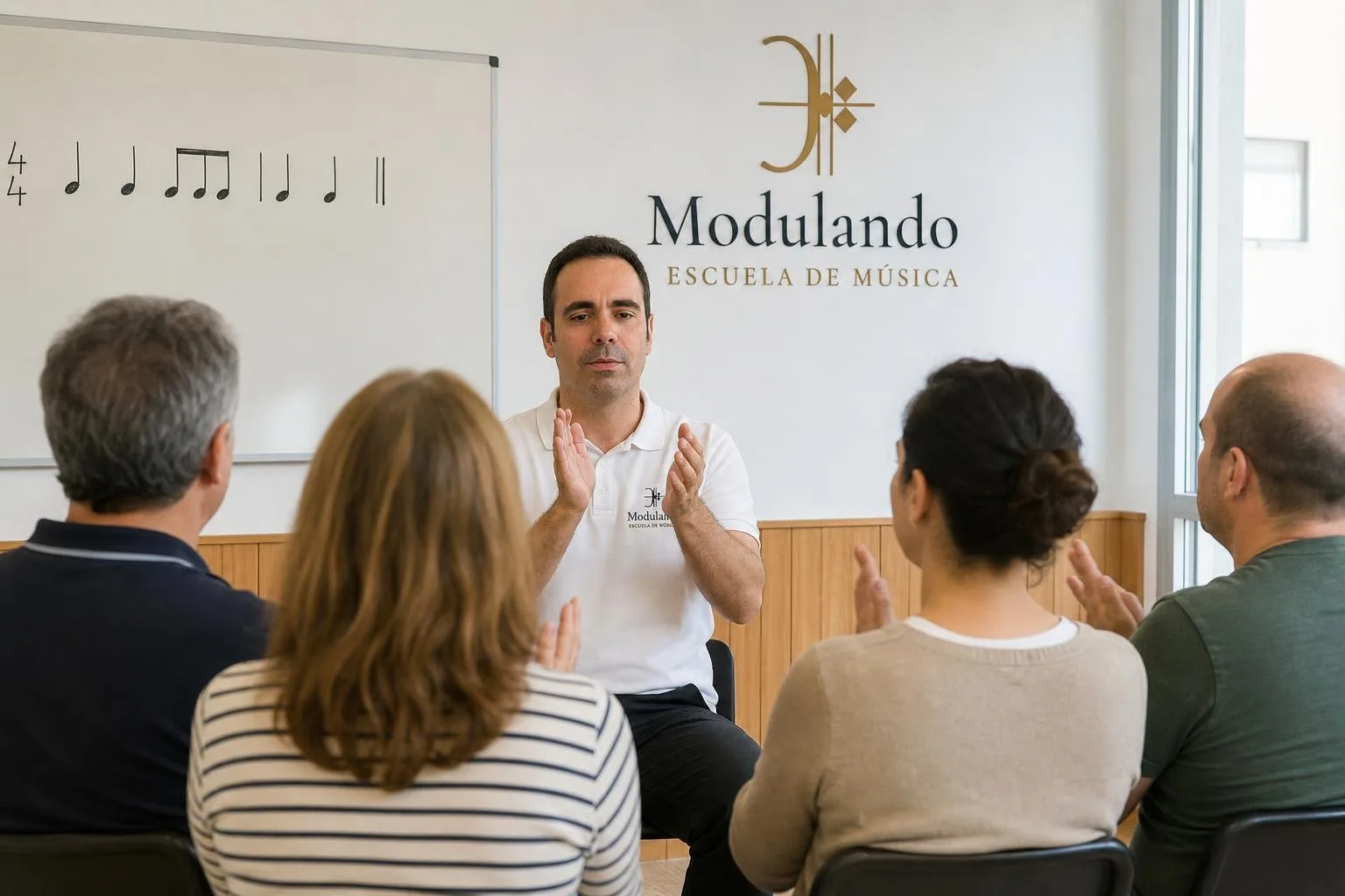 Profesor marcando un ritmo con palmas ante un grupo de adultos