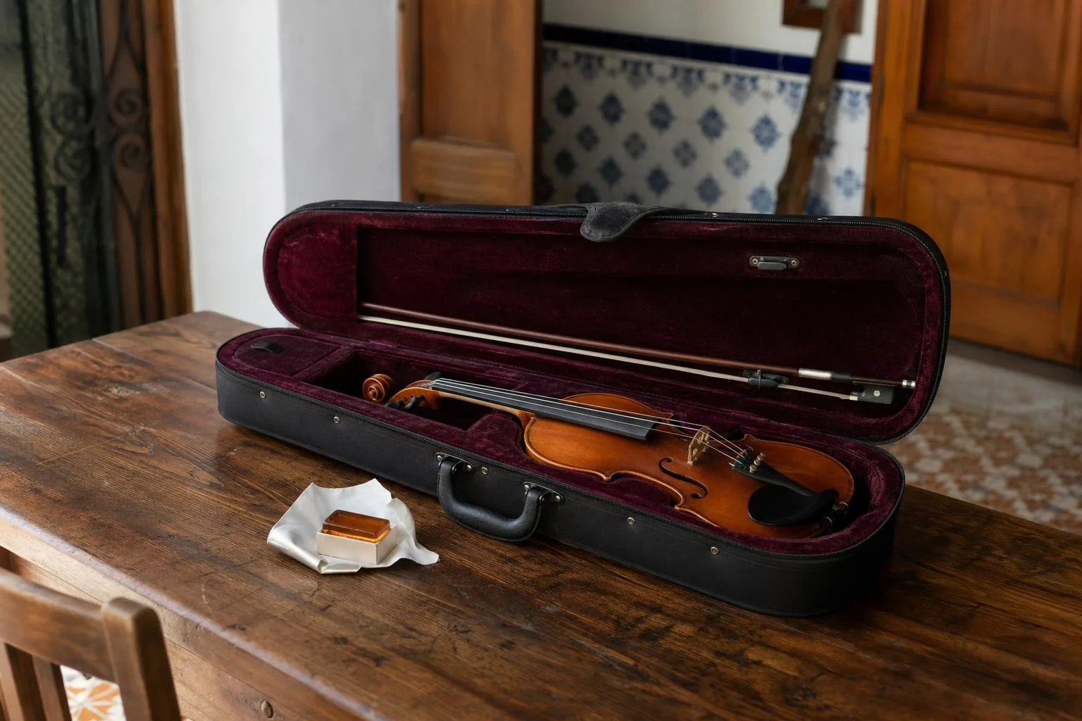 Voluta y cuerdas de un violín en primer plano