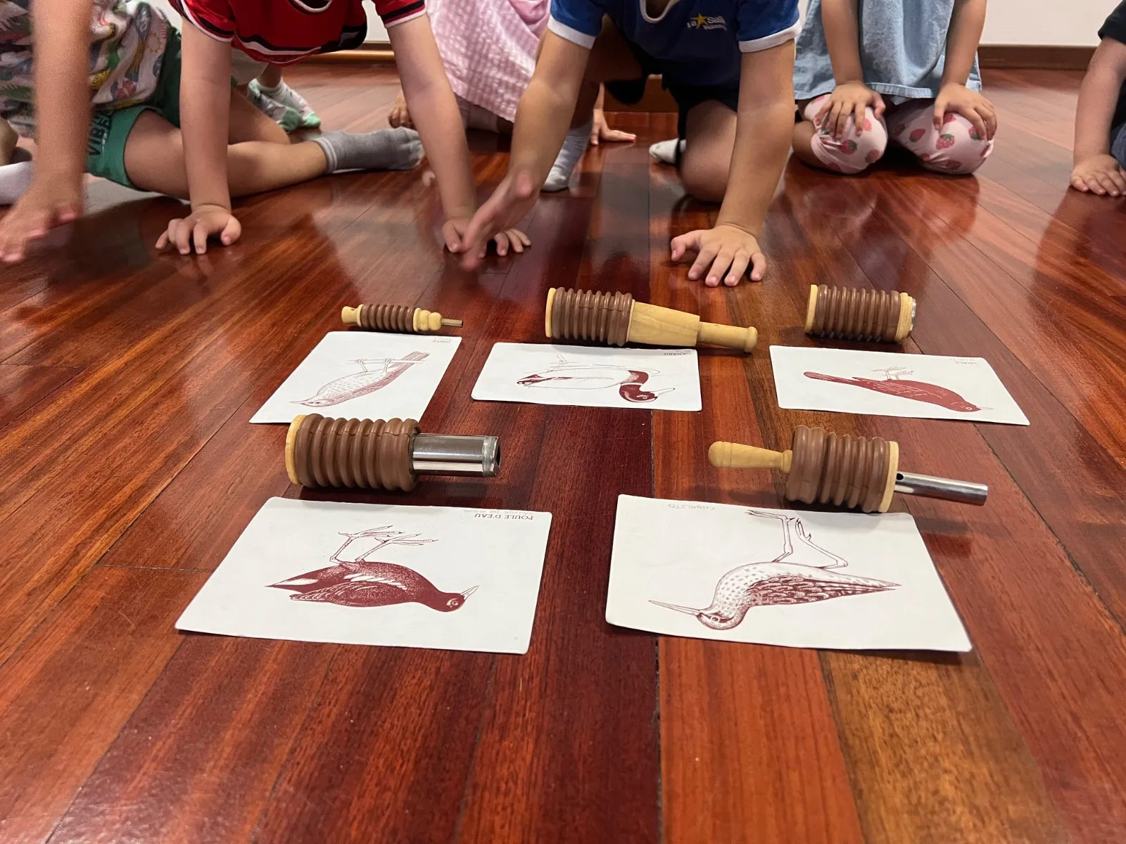 Tarjetas de aves y pequeños instrumentos de madera sobre el suelo, con niños alrededor