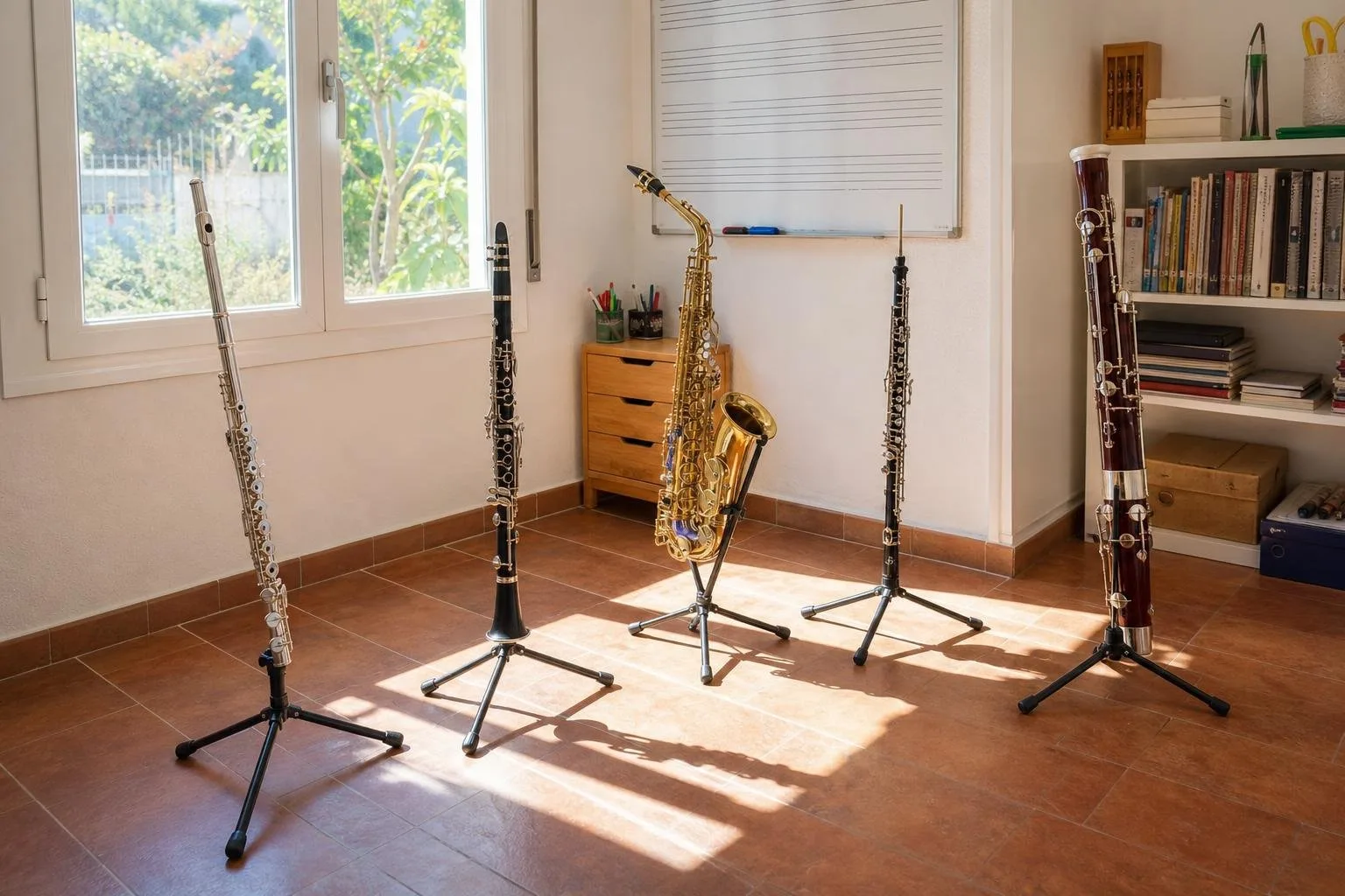 Profesor mostrando la digitación del clarinete
