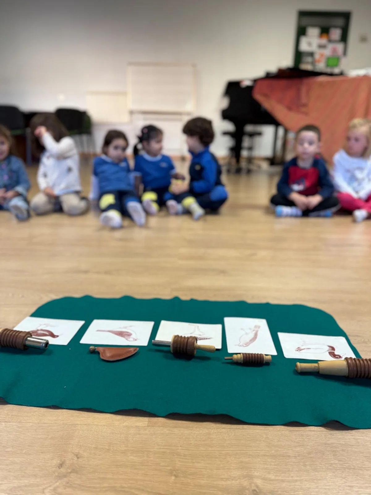 Grupo de niños sentados frente a tarjetas de aves e instrumentos de madera