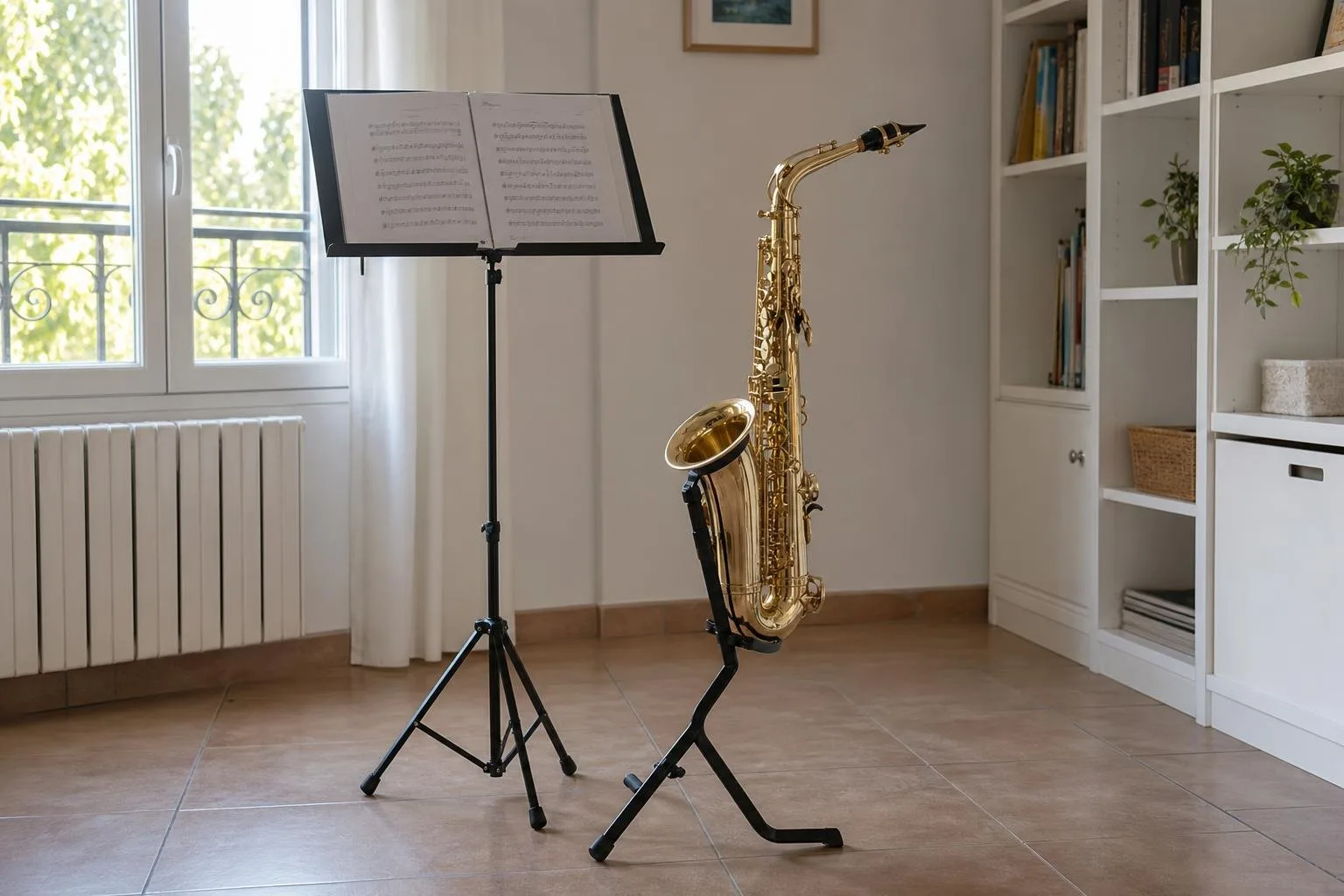 Saxofón alto en un soporte junto a la ventana