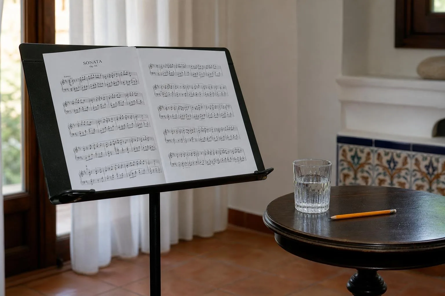 Atril con partitura y un vaso de agua junto a una ventana