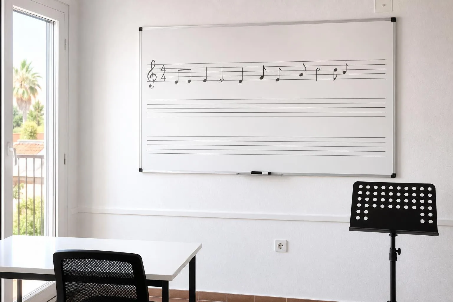 Aula con pupitres y pizarra con pentagrama