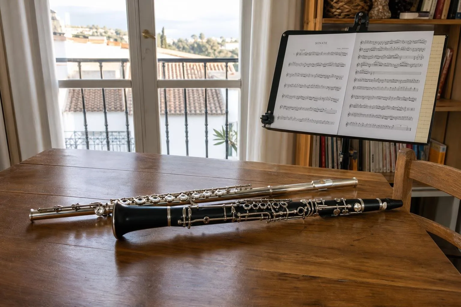Flauta travesera y clarinete sobre una mesa junto a la ventana