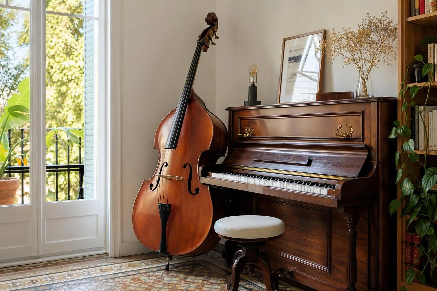 Partitura de jazz en un atril junto a un saxofón