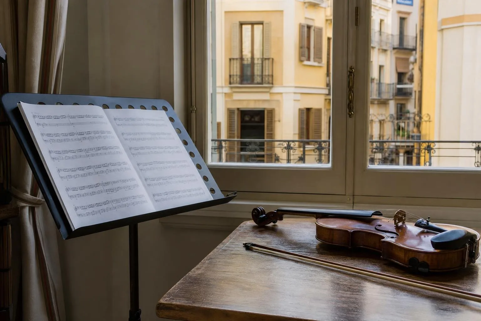Colofonia y talón del arco sobre una superficie de madera