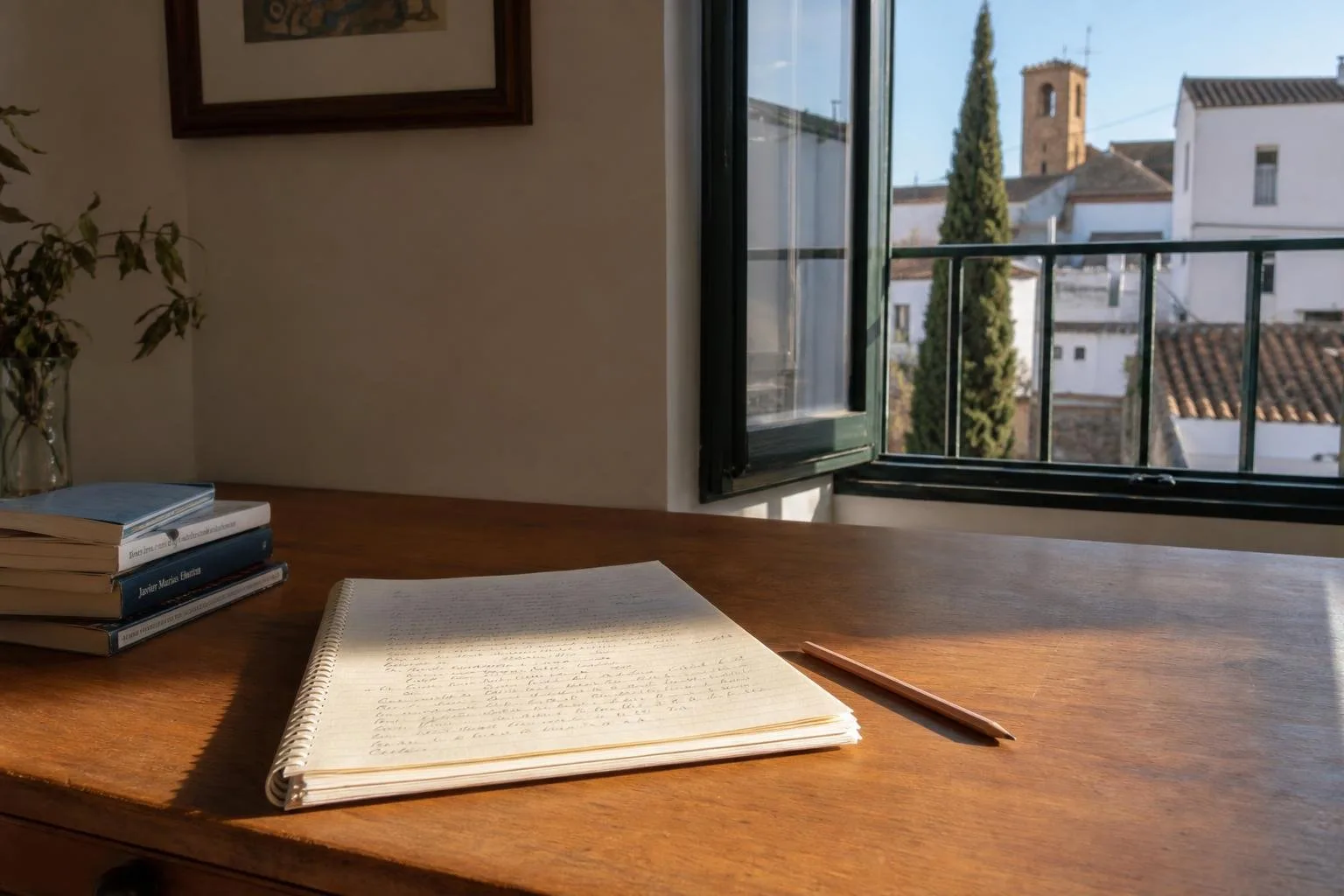 Cuaderno con pentagrama y lápiz sobre una mesa