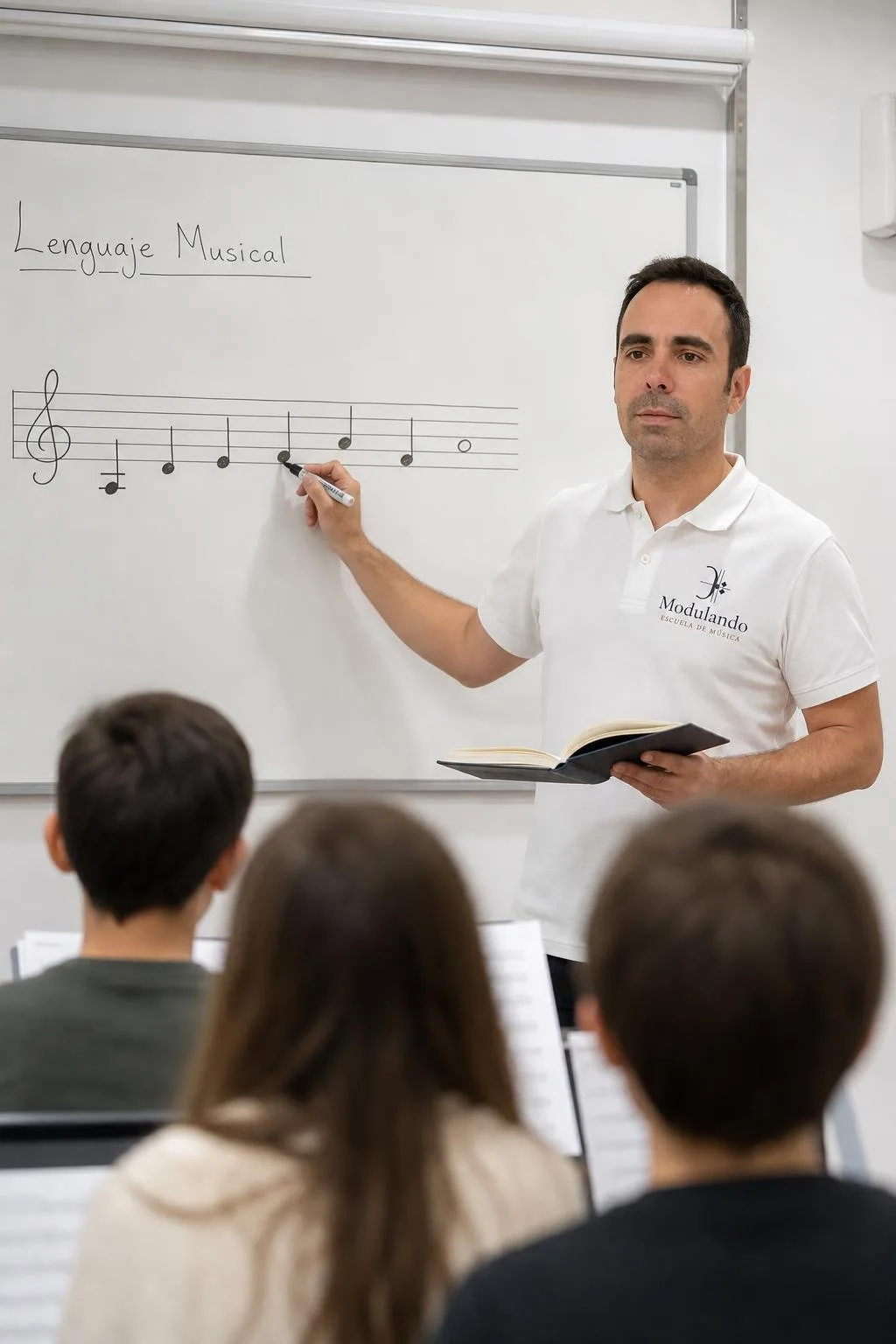 Profesor escribiendo notas en una pizarra con pentagrama