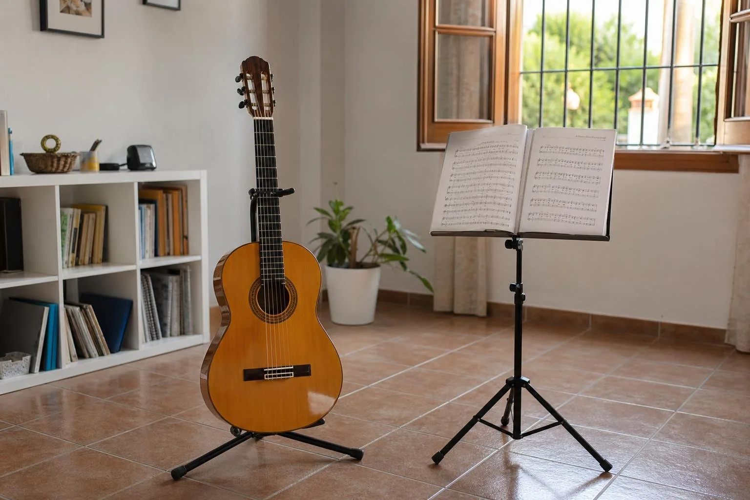 Guitarras clásicas en soportes en un aula de música