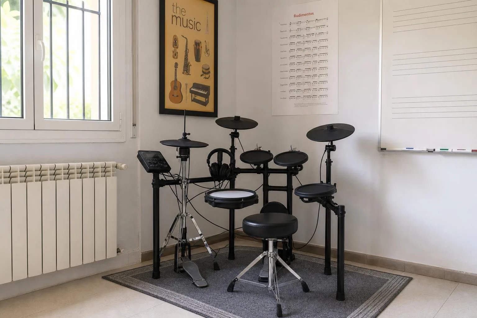 Pad de estudio, baquetas y cuaderno de ejercicios sobre una mesa